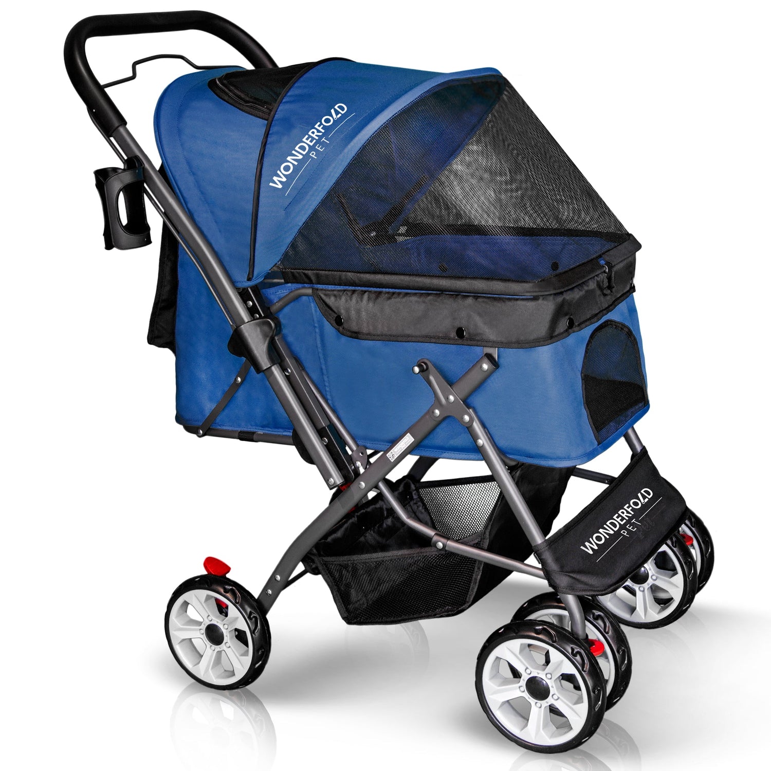 Folding Pet Stroller with Zipperless Entry & Reversible Handle Bar - Dark Blue - Studio Image 