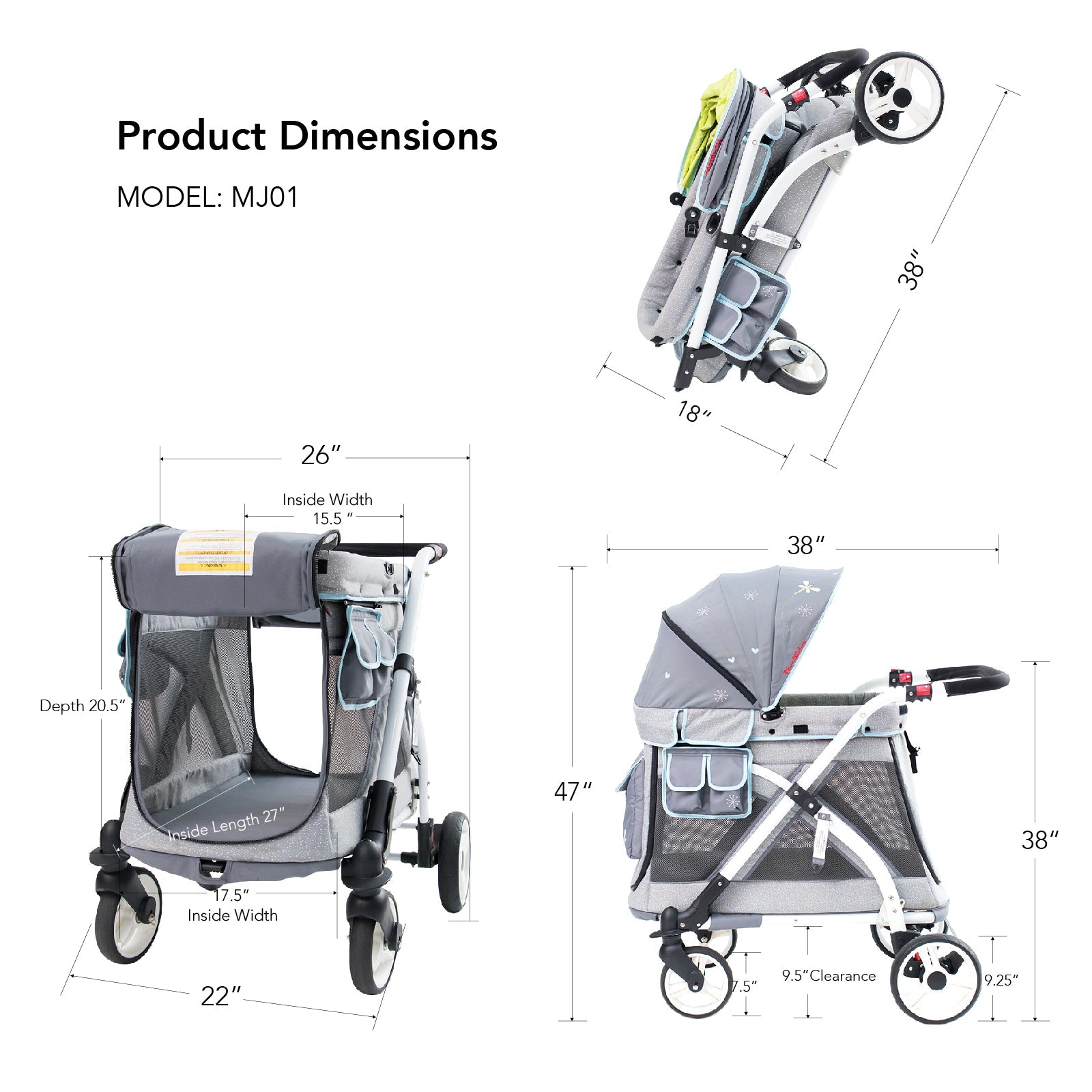 MJ01 Chariot Mini Single Stroller Wagon (1 Seater) - Studio Image - Dimensions - Grey