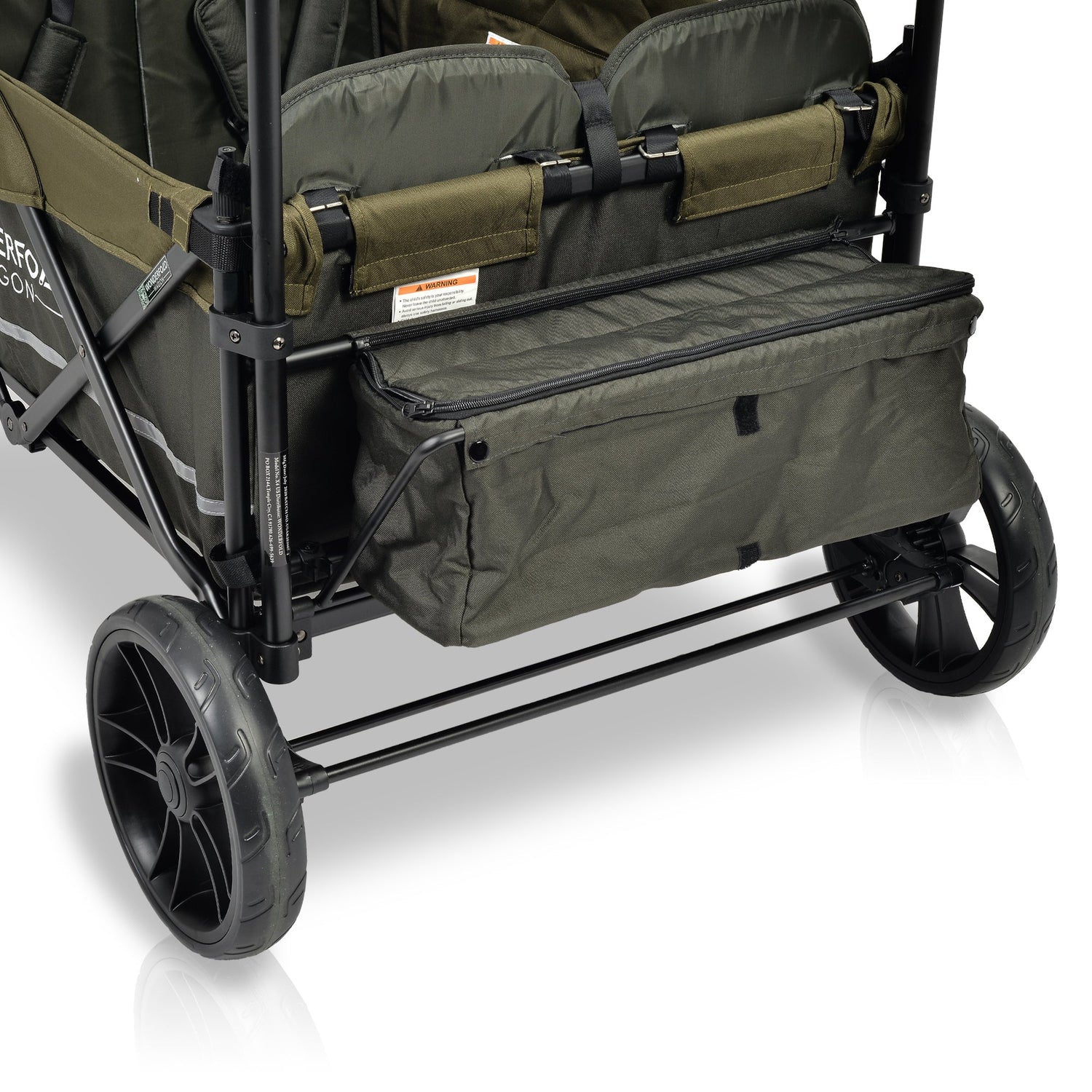 X4 Push + Pull Quad Stroller Wagon w Magnetic Harness (4 Seater) - Studio Image - Side View - Green - Back Compartment