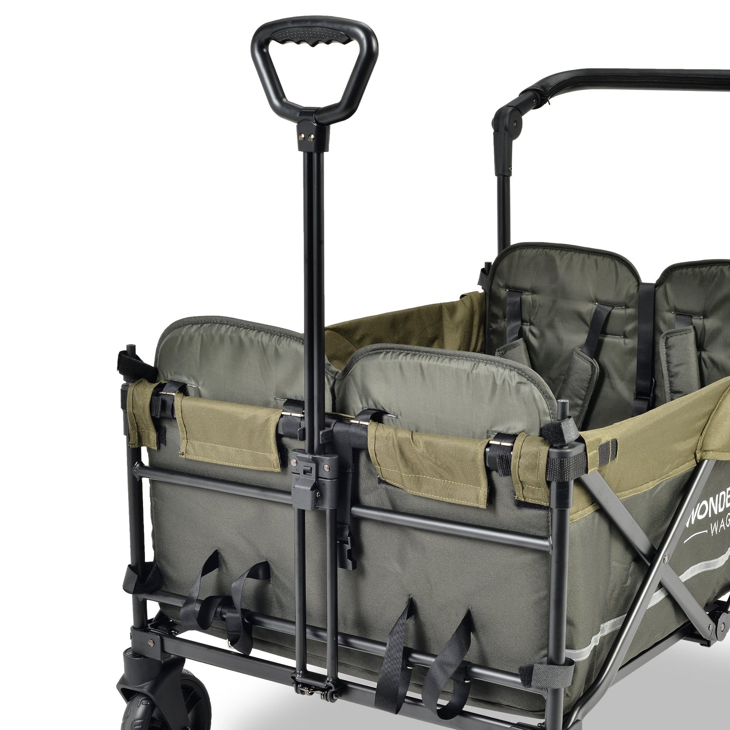 X4 Push + Pull Quad Stroller Wagon w Magnetic Harness (4 Seater) - Studio Image - Back View - Green - Handlebar