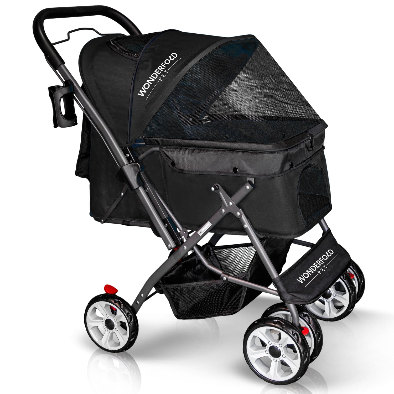 Folding Pet Stroller with Zipperless Entry & Reversible Handle Bar - Black - Studio Image 