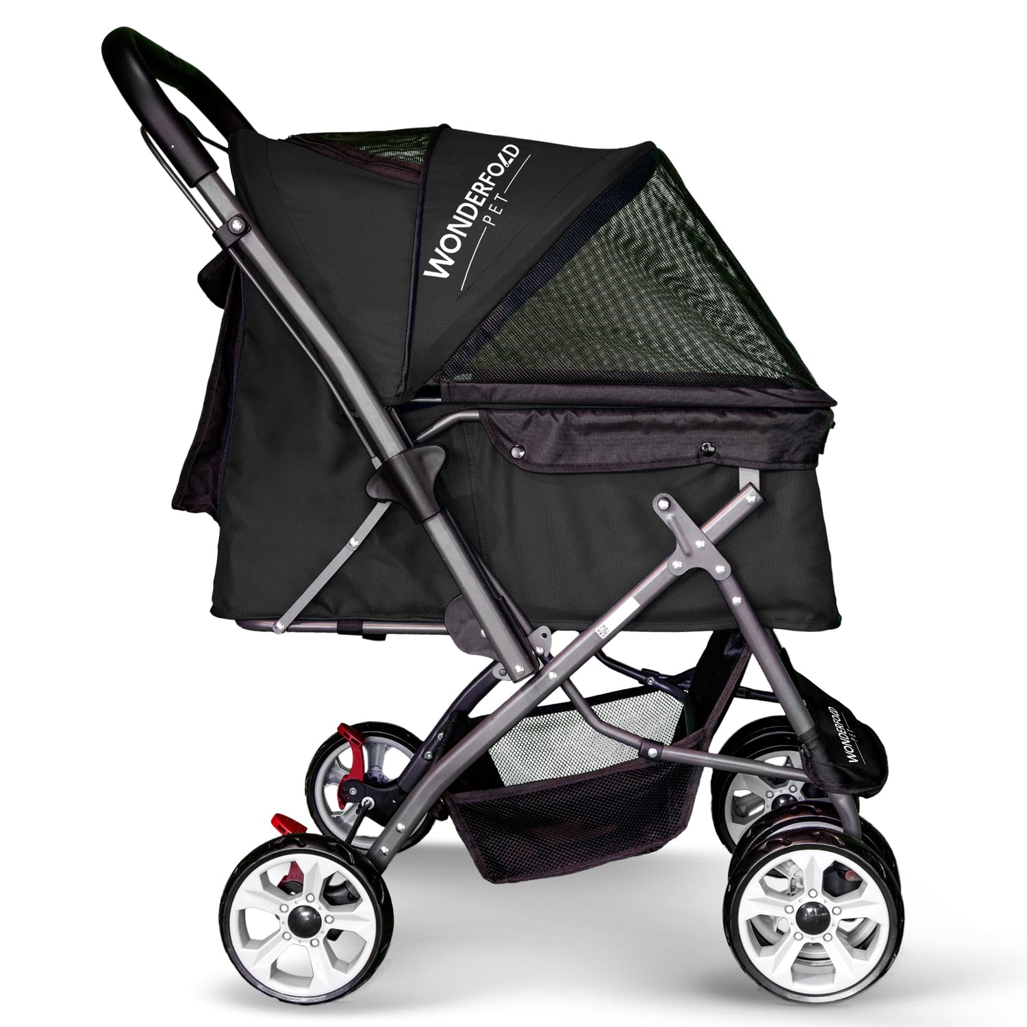 Folding Pet Stroller with Zipperless Entry & Reversible Handle Bar - Black - Studio Image - Side Profile