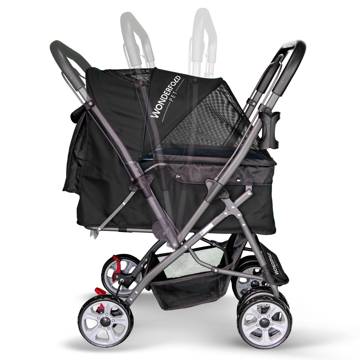 Folding Pet Stroller with Zipperless Entry & Reversible Handle Bar - Black - Studio Image - Folding Function