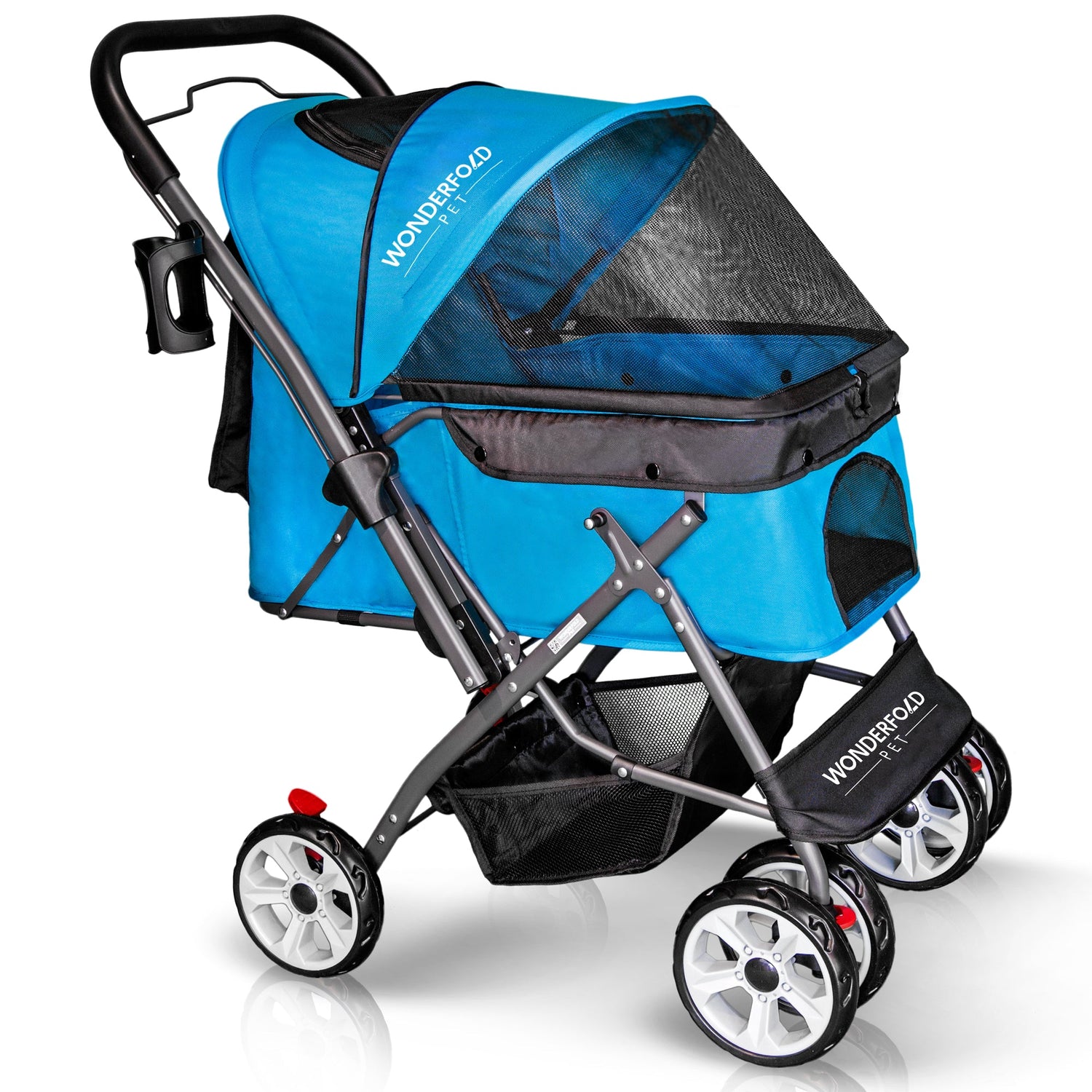 Folding Pet Stroller with Zipperless Entry & Reversible Handle Bar - Light Blue - Studio Image 