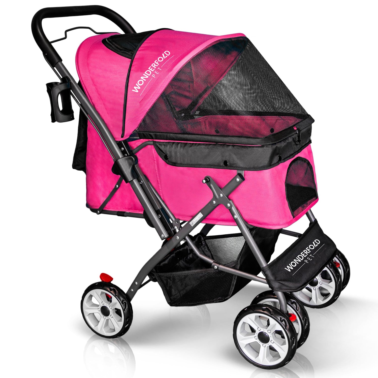 Folding Pet Stroller with Zipperless Entry & Reversible Handle Bar - Pink - Studio Image 